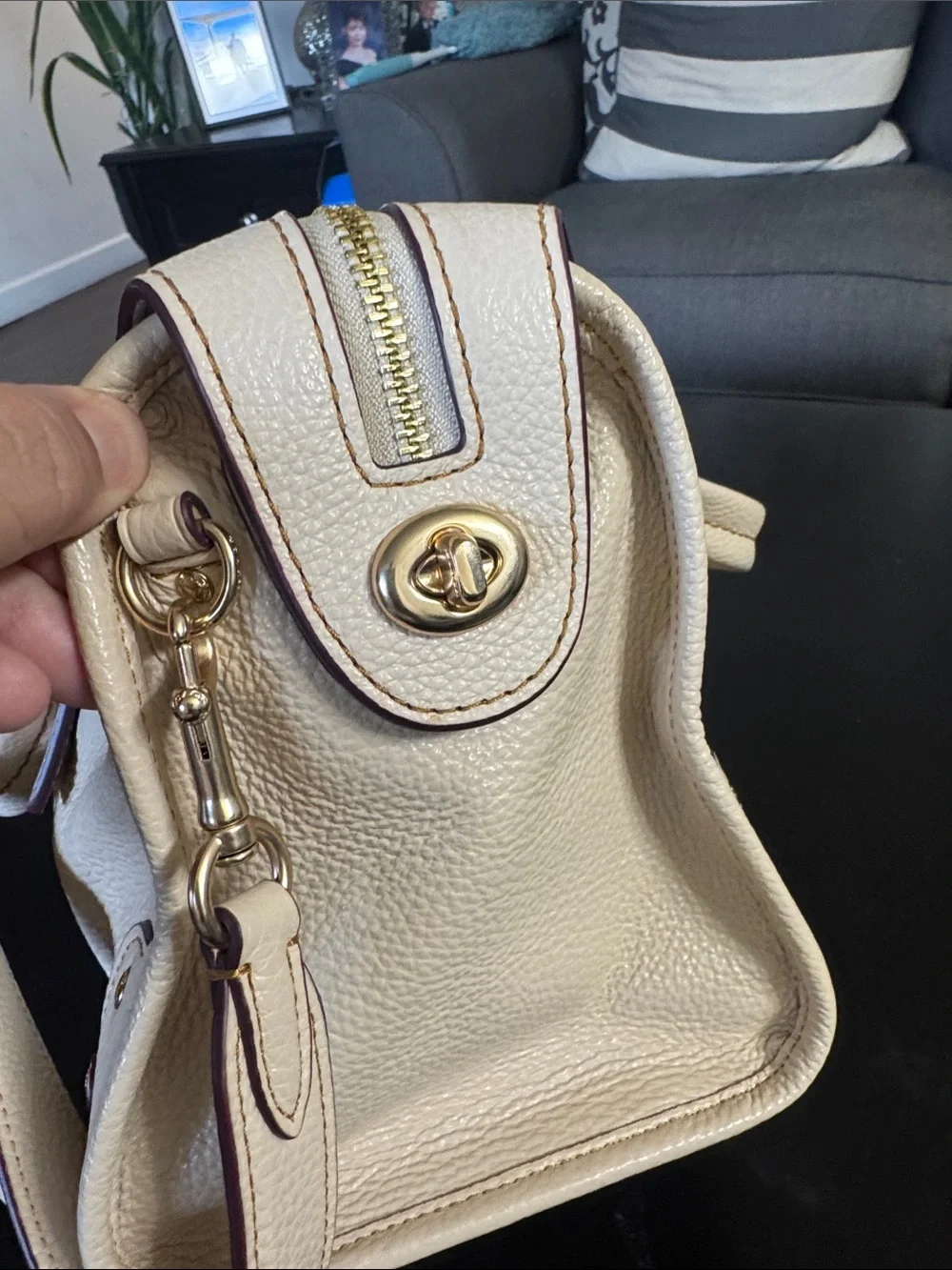 Coach Cream Pebbled Leather Satchel with Gold Hardware